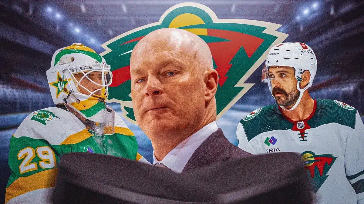 John Hynes in middle of image looking stern, Marc-Andre Fleury and Jacob Middleton on either side, hockey rink in background, MN Wild logo