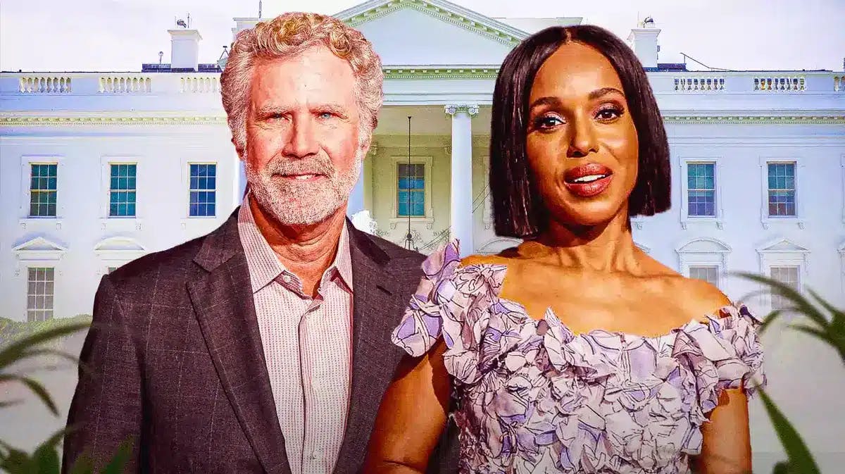 Will Ferrell and Kerry Washington with the White House behind them.