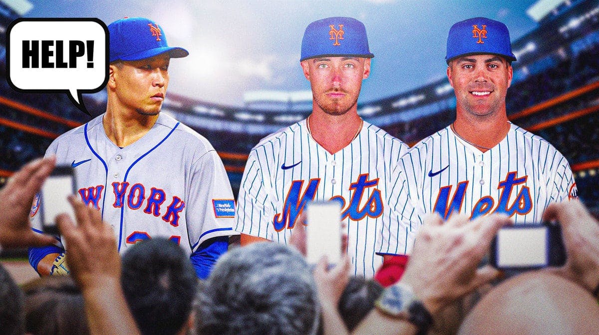 Kodai Senga (Mets) with speech bubble “Help!” and Cody Bellinger and Whit Merrifield in a Mets jerseys