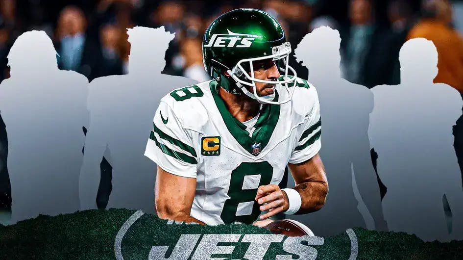 New York Jets quarterback Aaron Rodgers front and center, with four silhouettes of players behind him, two on each side, to signify the mystery target players. Also, please make Jets logo prominent, either via Rodgers image or inserting logo in image.