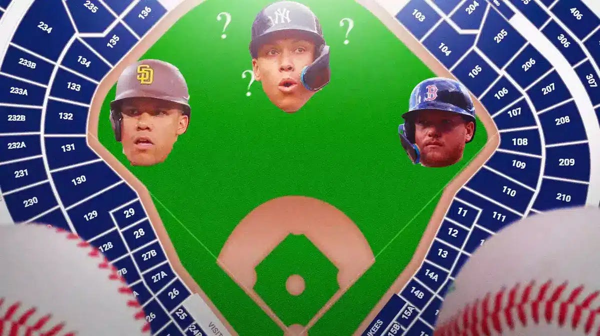 Diagram of Yankees Stadium outfield, with Juan Soto at left field, Aaron Judge at centerfield, and Alex Verdugo at right field, with question marks around Judge