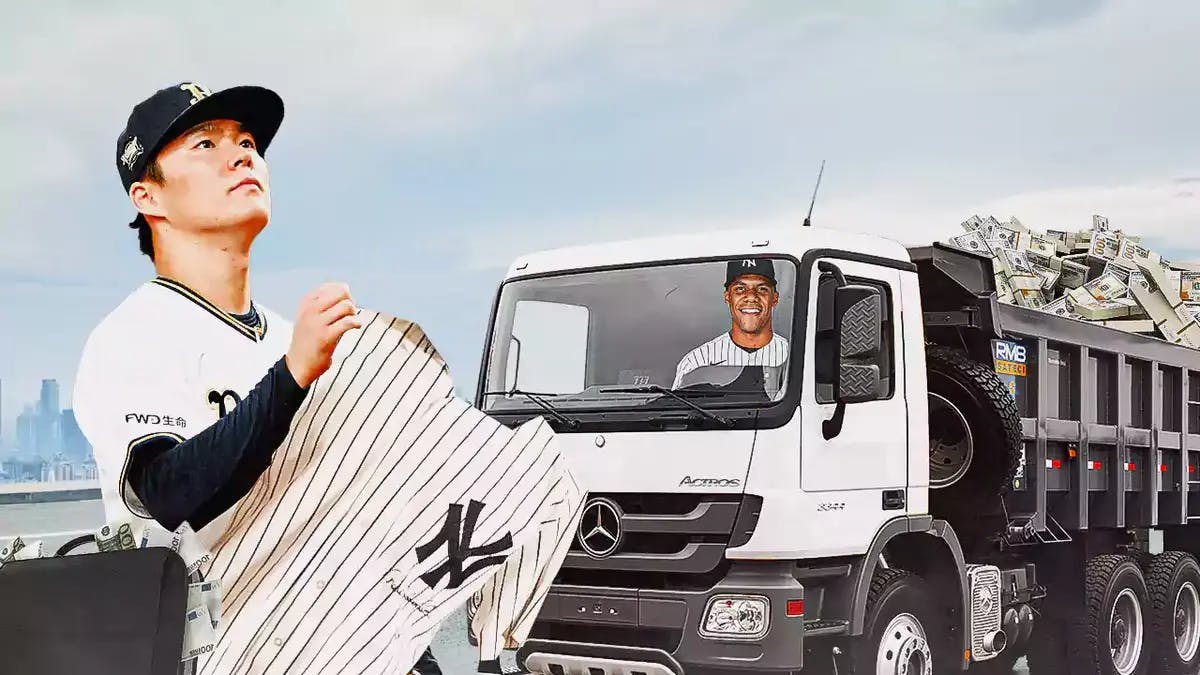 Yoshinobu Yamamoto holding a Yankees uniform, with plenty of briefcases full of cash and a truck full of money being driven by Juan Soto in a Yankees uniform