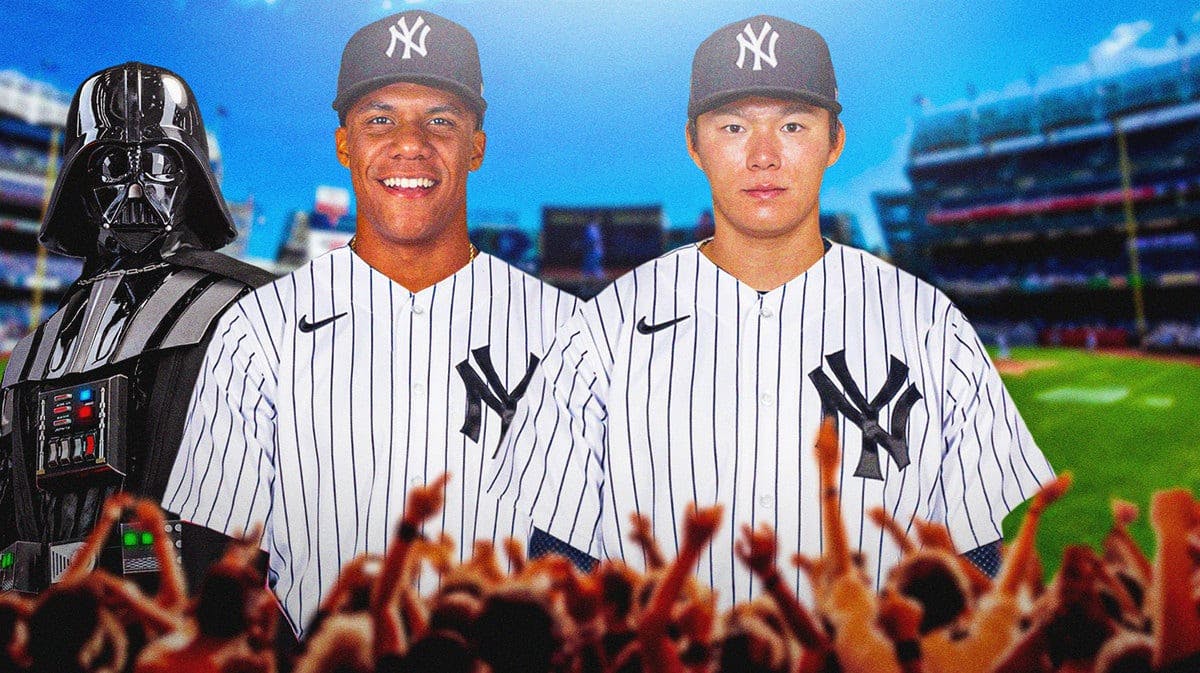 Juan Soto and Yoshinobu Yamamoto in Yankees jerseys