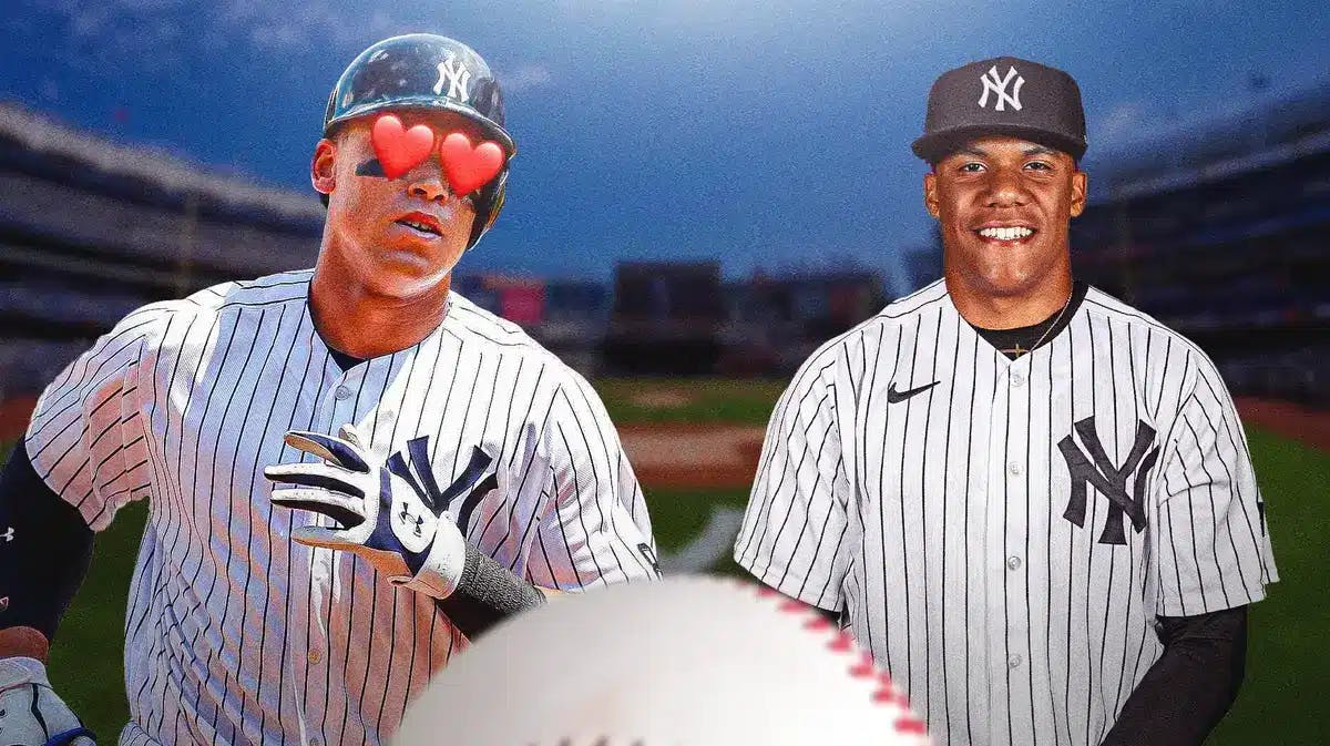 Yankees' Aaron Judge with hearts in his eyes looking at Juan Soto in a Yankees uniform.