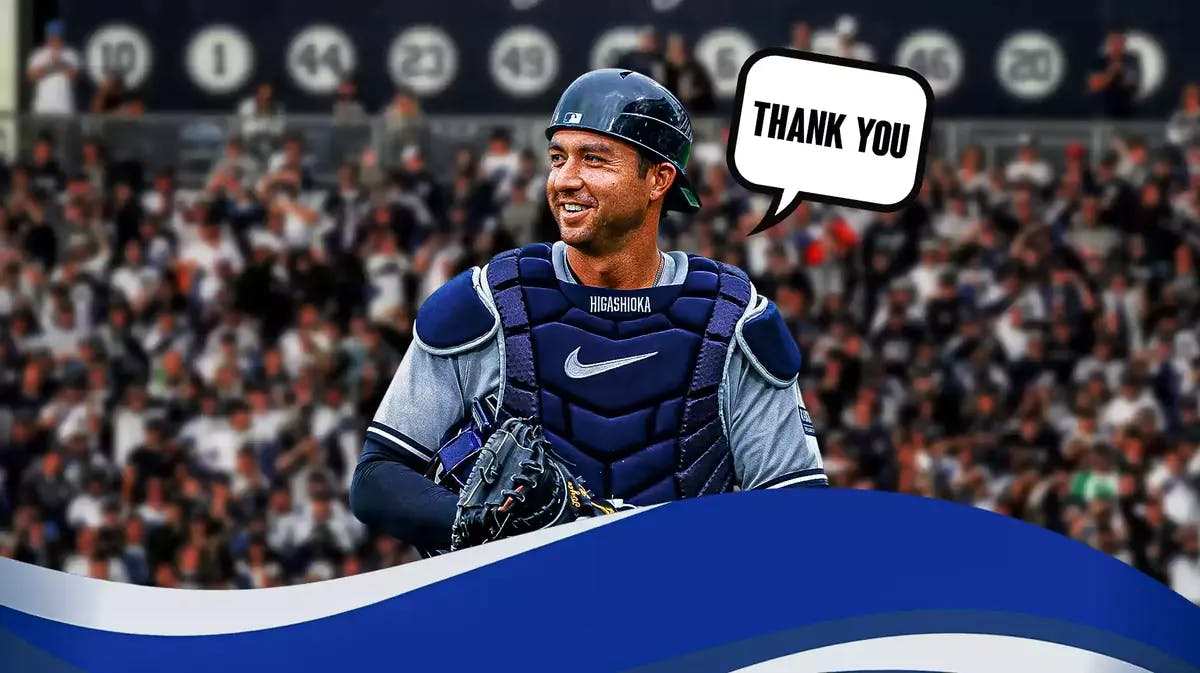Kyle Higashioka saying “Thank you” with Yankees fans in the background