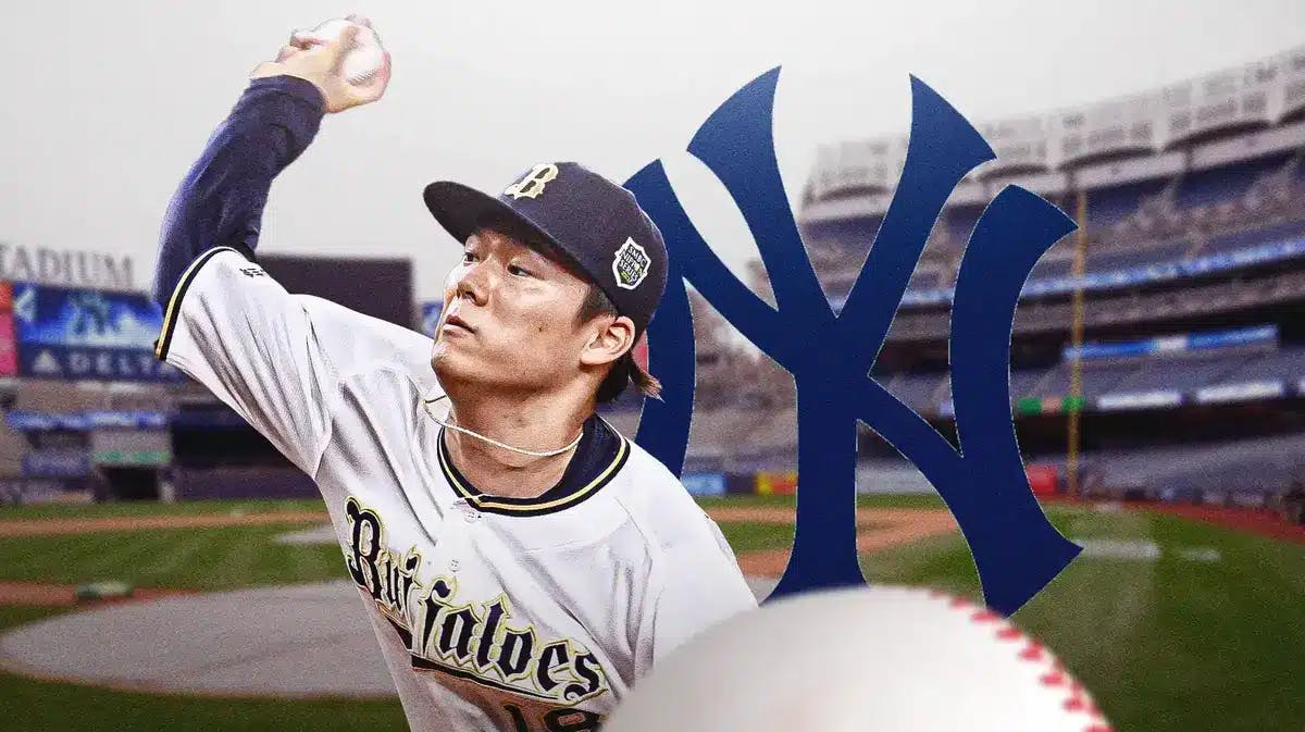 Yoshinobu Yamamoto next to the Yankees logo