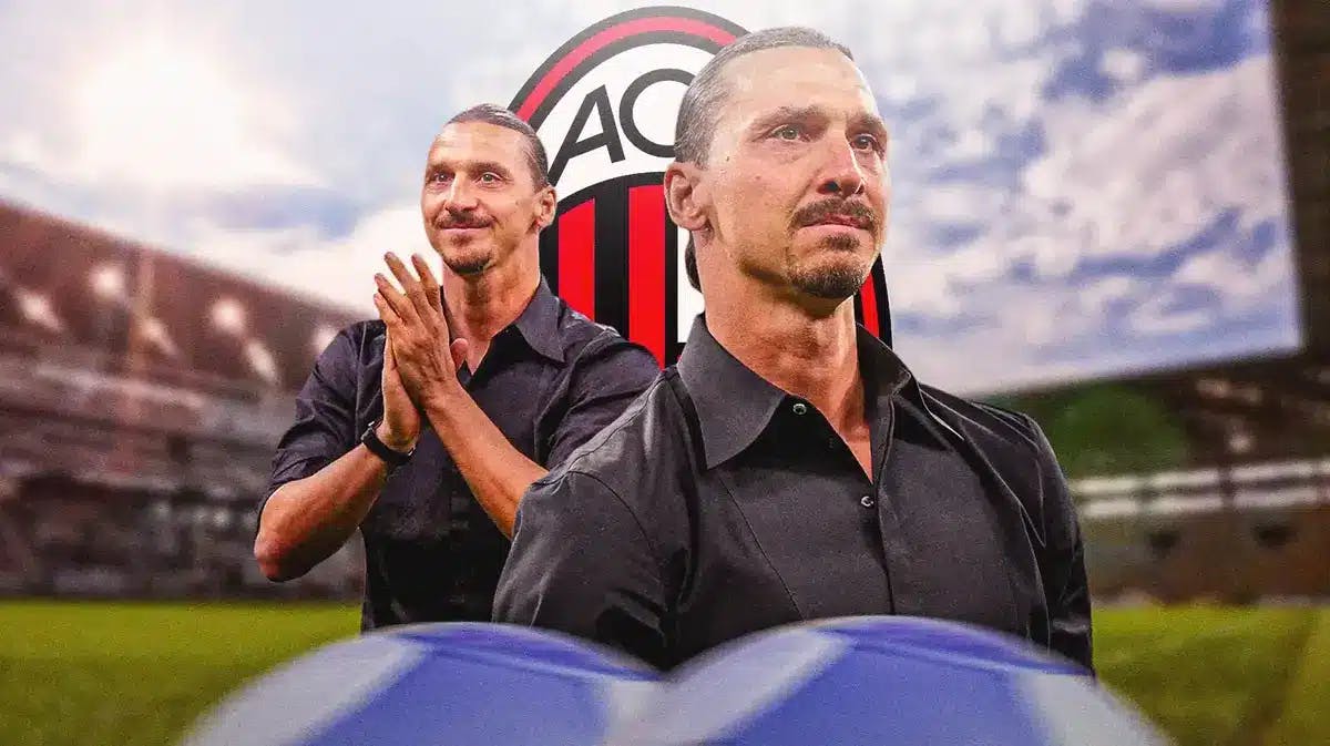 Zlatan Ibrahimovic in front of the AC Milan logo