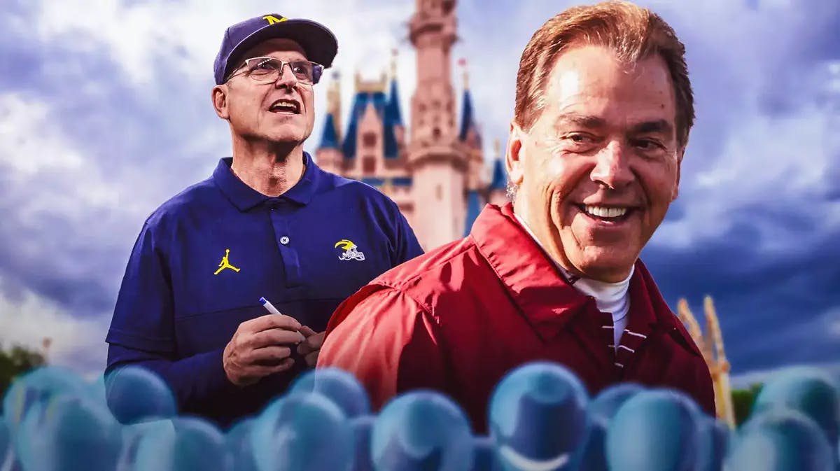 Nick Saban and Jim Harbaugh smiling. Cinderella Castle from Disneyland in background