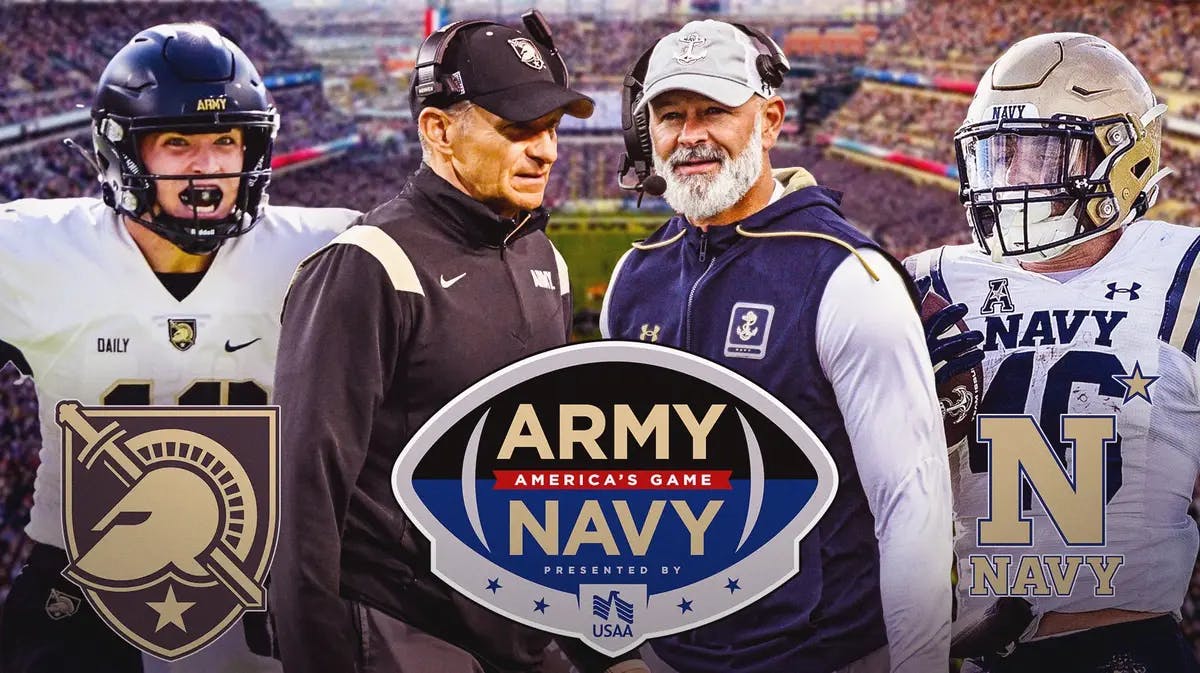 Brian Newberry, Alex Tecza, Navy logo vs. Bryson Daily, Jeff Monken, Army logo. Army-navy Game logo in front.