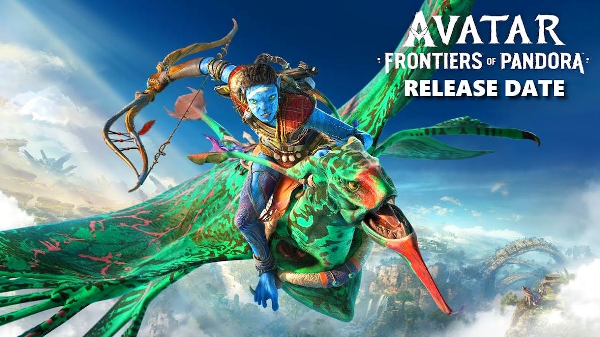frontiers pandora release date, frontiers pandora gameplay, frontiers pandora story, frontiers pandora details, frontiers pandora, key art of Avatar Frontiers of Pandora featuring a Na Vi and an Ikran with the words Release Date under the game title