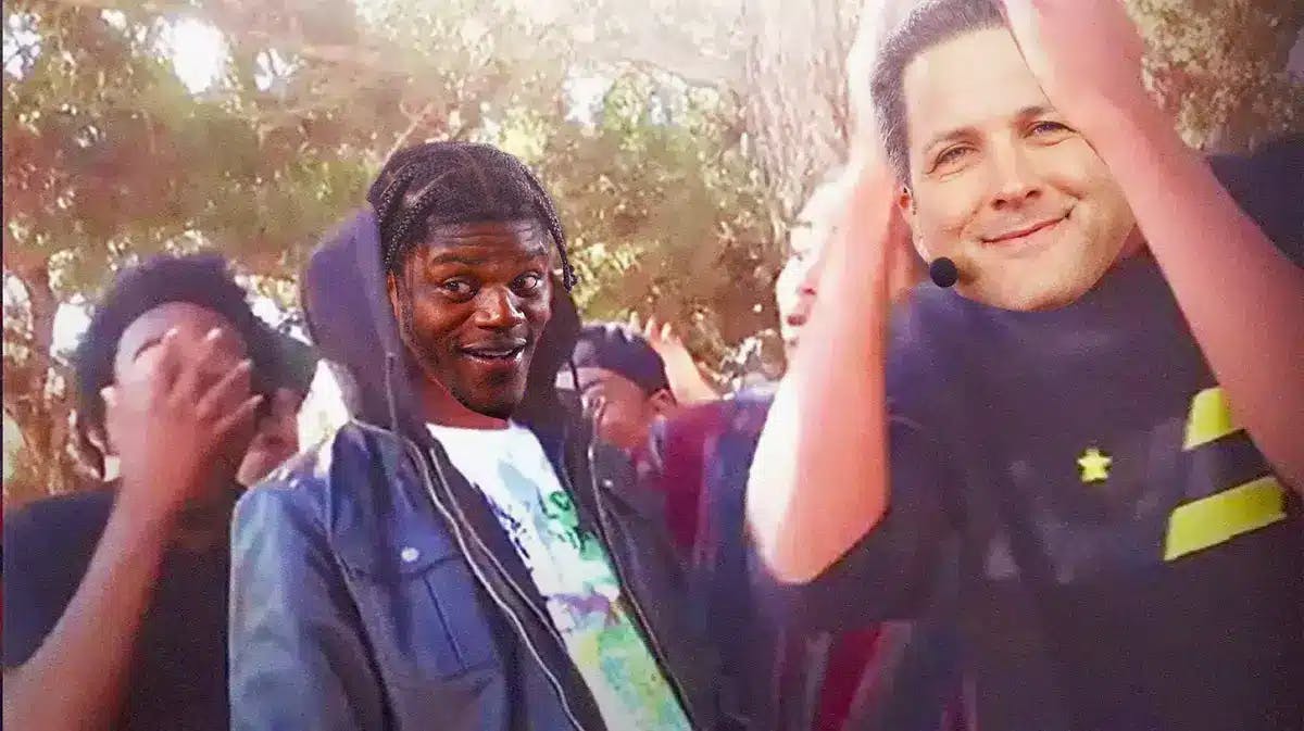 Lamar Jackson (Ravens) as the guy in the hoodie, Adam Schefter of ESPN as the guy on right with hands on head