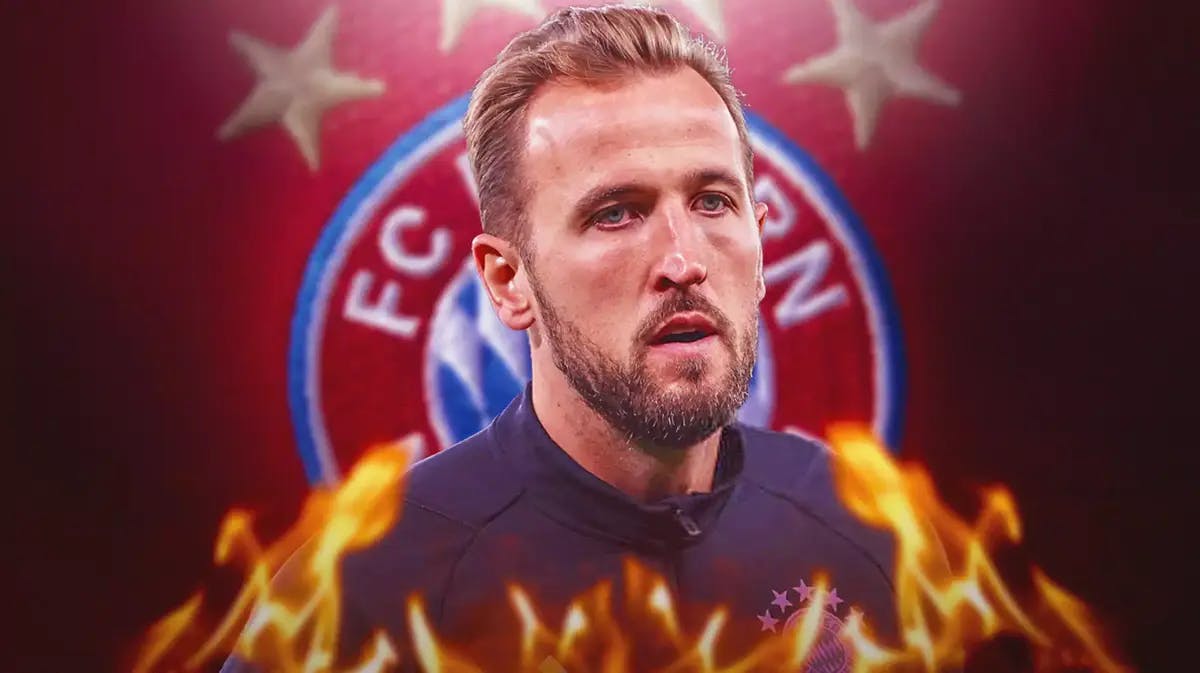Harry Kane on fire in front of the Bayern Munich logo