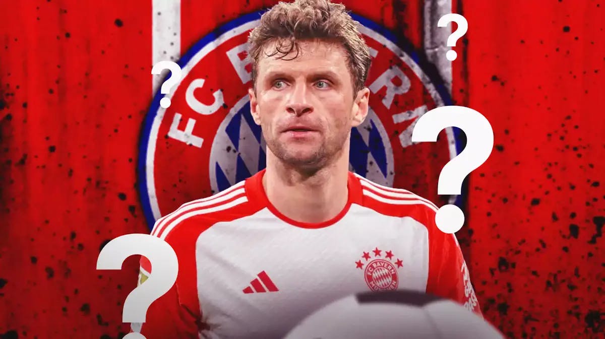 Thomas Muller in front of the Bayern Munich logo, questionmarks in the air