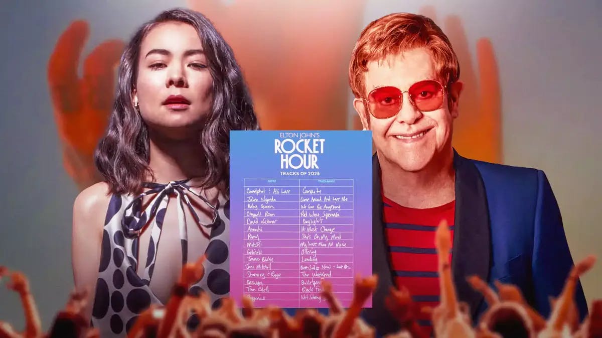 Mitski and Elton John in front of Rocket Hour top songs of 2023 list and Boygenius The Record in background.