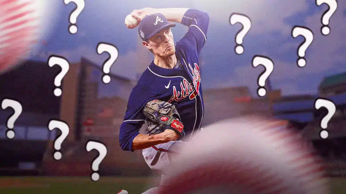 Braves' Max Fried pitching a baseball with question marks everywhere. Truist Park background.