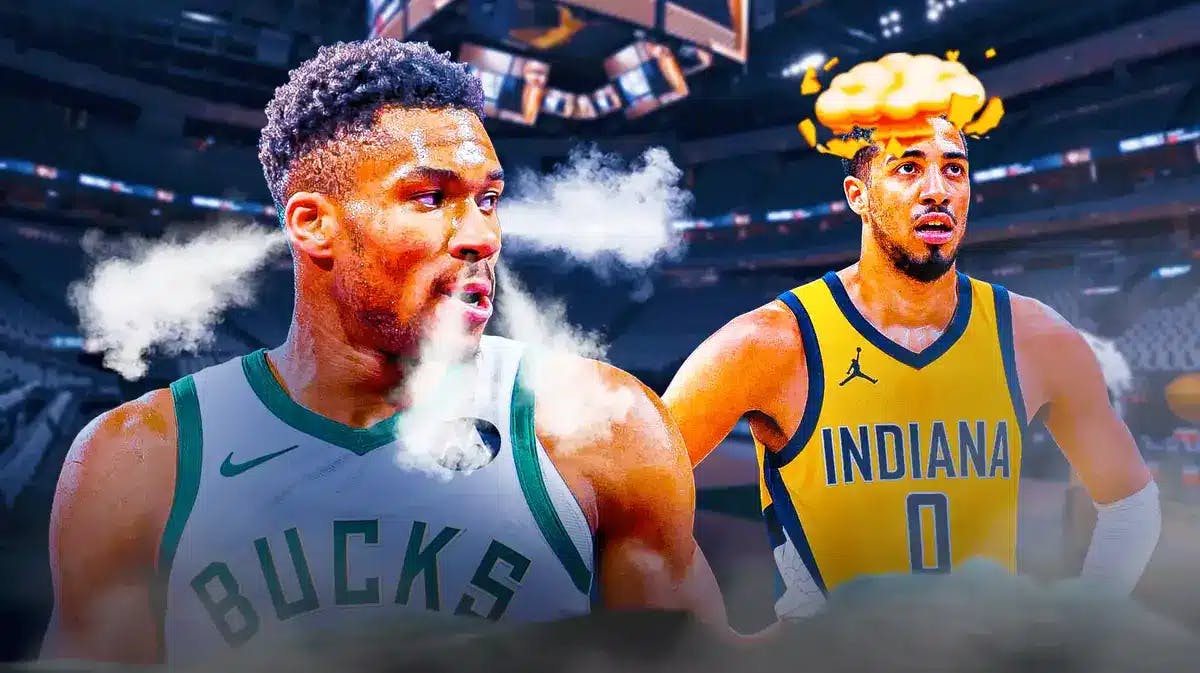 Giannis Antetokounmpo looking angry with smoke coming out his nose and ears. Tyrese Haliburton with mind-blown head