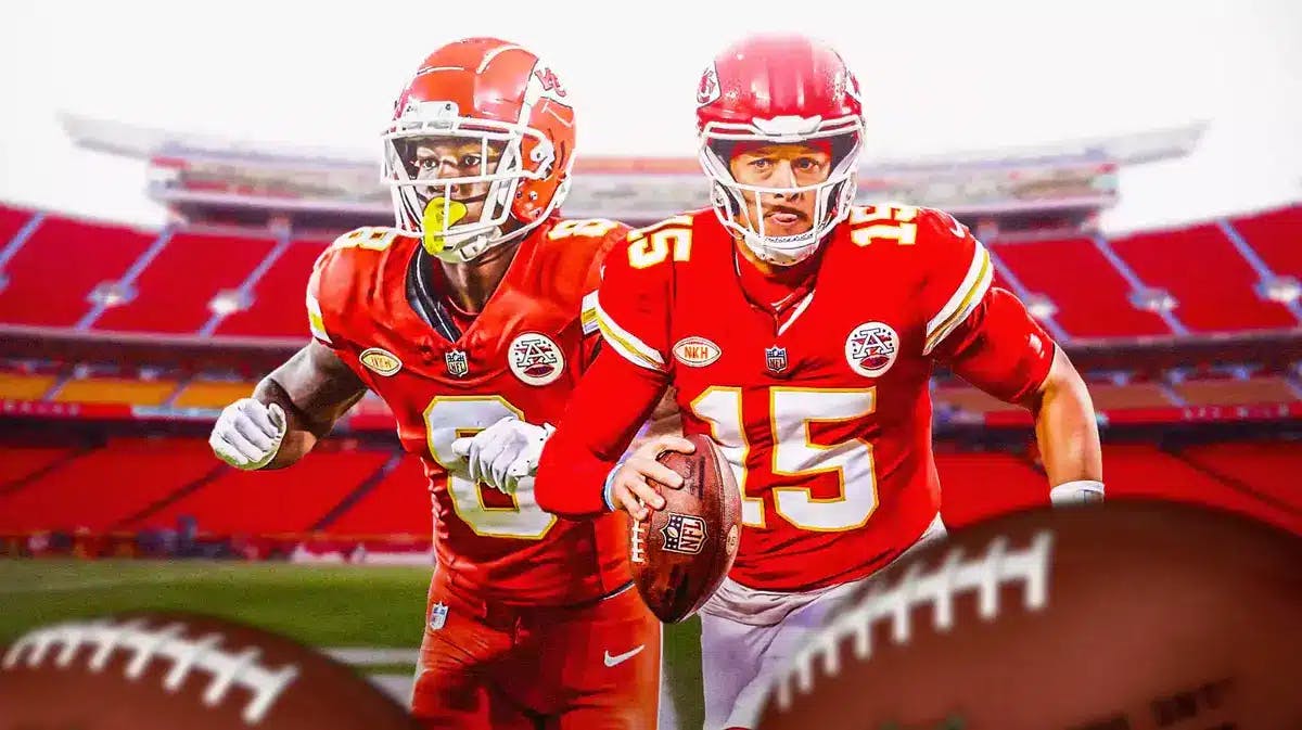 Photo: Patrick Mahomes and Justyn Ross in Chiefs uniform with Arrowhead Stadium behind them