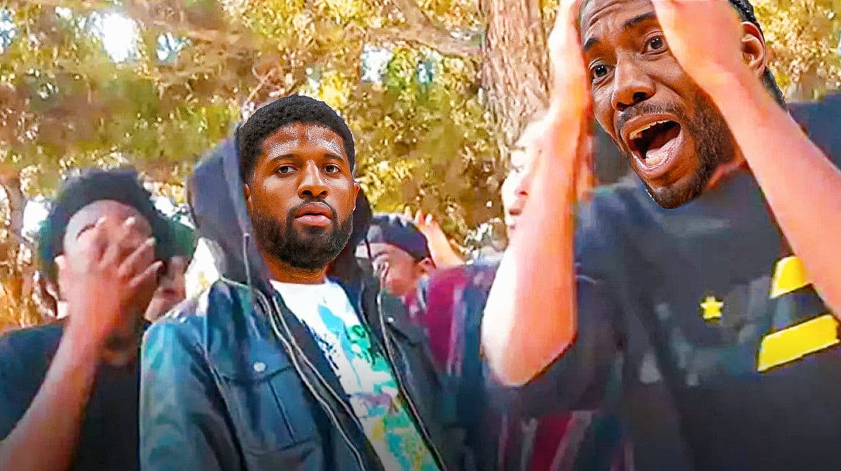 Paul George (Clippers) as the guy in a hoodie and Kawhi Leonard as the guy on left with hands on head