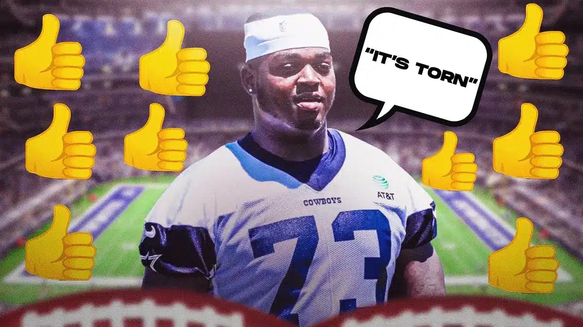 Dallas Cowboys' Tyler Smith and speech bubble “It’s Torn” with thumb-up emojis surrounding him.