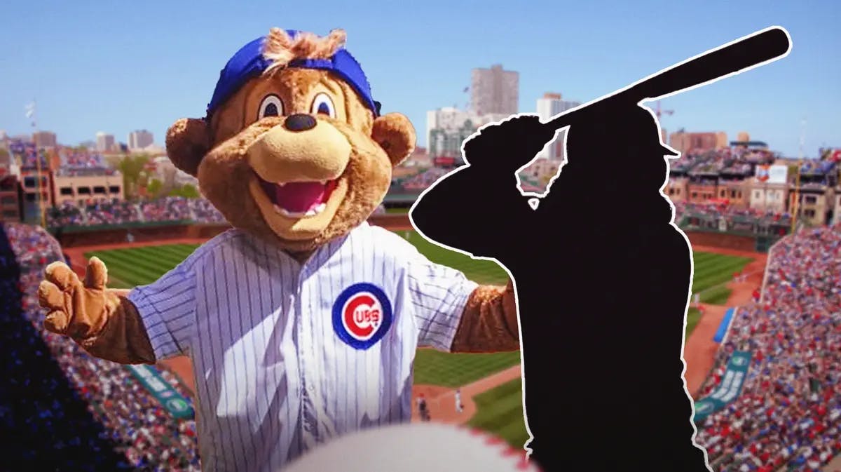 Chicago Cubs mascot with silhouette of Jorge Alfaro (action shot)
