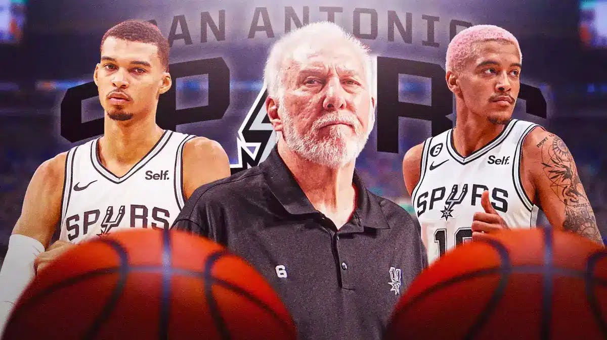 Spurs' Gregg Popovich, Spurs' Victor Wembanyama, Spurs' Jeremy Sochan looking upset with the Spurs logo in background.