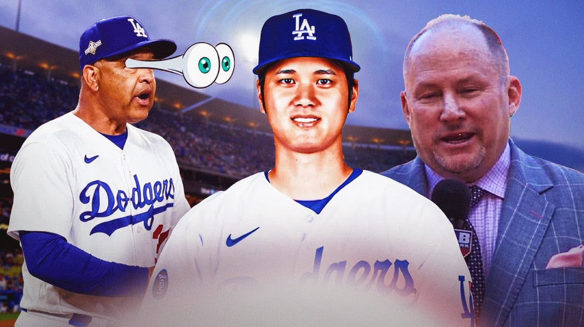 Los Angeles Dodgers manager Dave Roberts, Shohei Ohtani, and Bob Nightengale