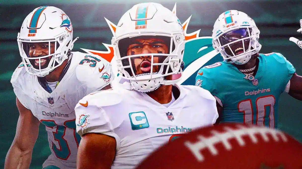 Tua Tagovailoa in middle, Raheem Mostert on one side and Tyreek Hill on other side, MIA Dolphins logo, football field in background