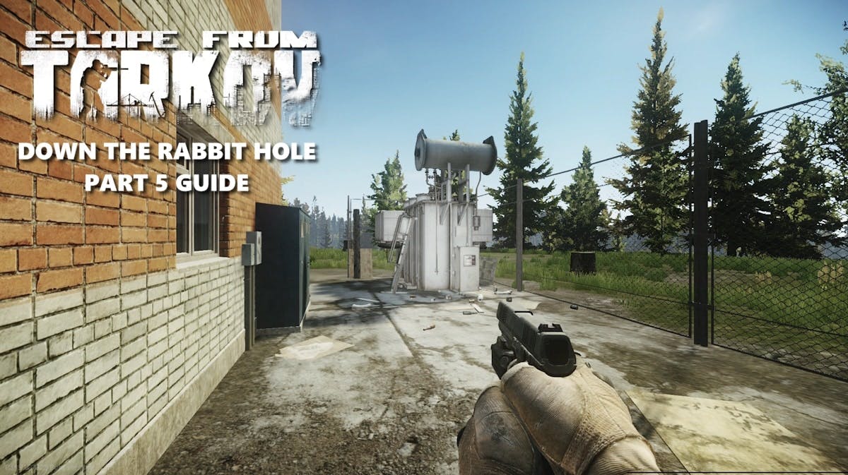 down rabbit hole part 5, down rabbit hole 5 quest guide, escape tarkov, tarkov rabbit hole guide, down rabbit hole tarkov, an in-game screenshot of the Shorline map with the game logo to the left and the words down the rabbit hole part 5 guide under it