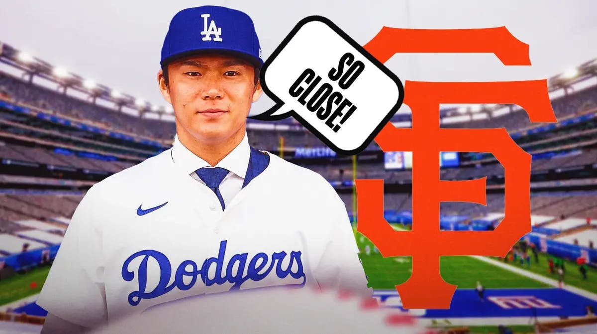Los Angeles Dodgers' Yoshinobu Yamamoto and speech bubble “So Close!” and image of San Francisco Giants logo next to him.