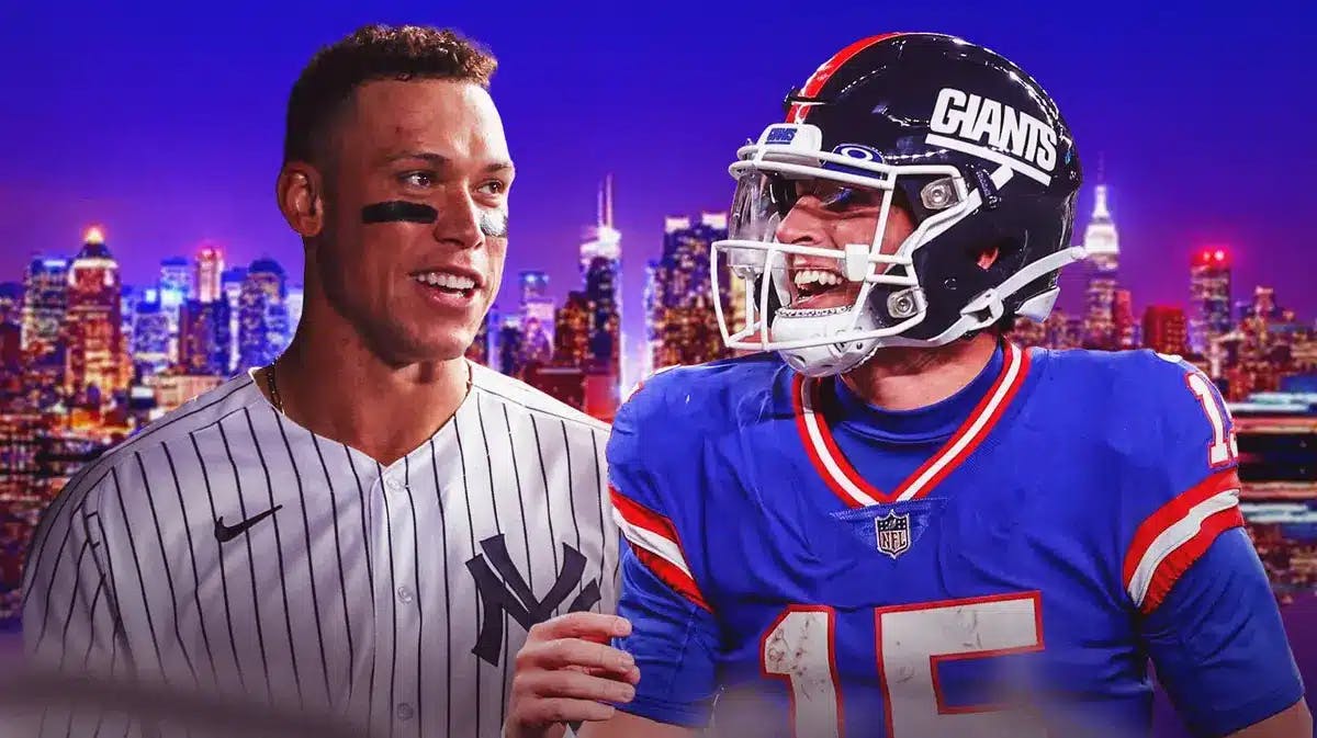 Giants Tommy DeVito and Yankees Aaron Judge with New York in the bg