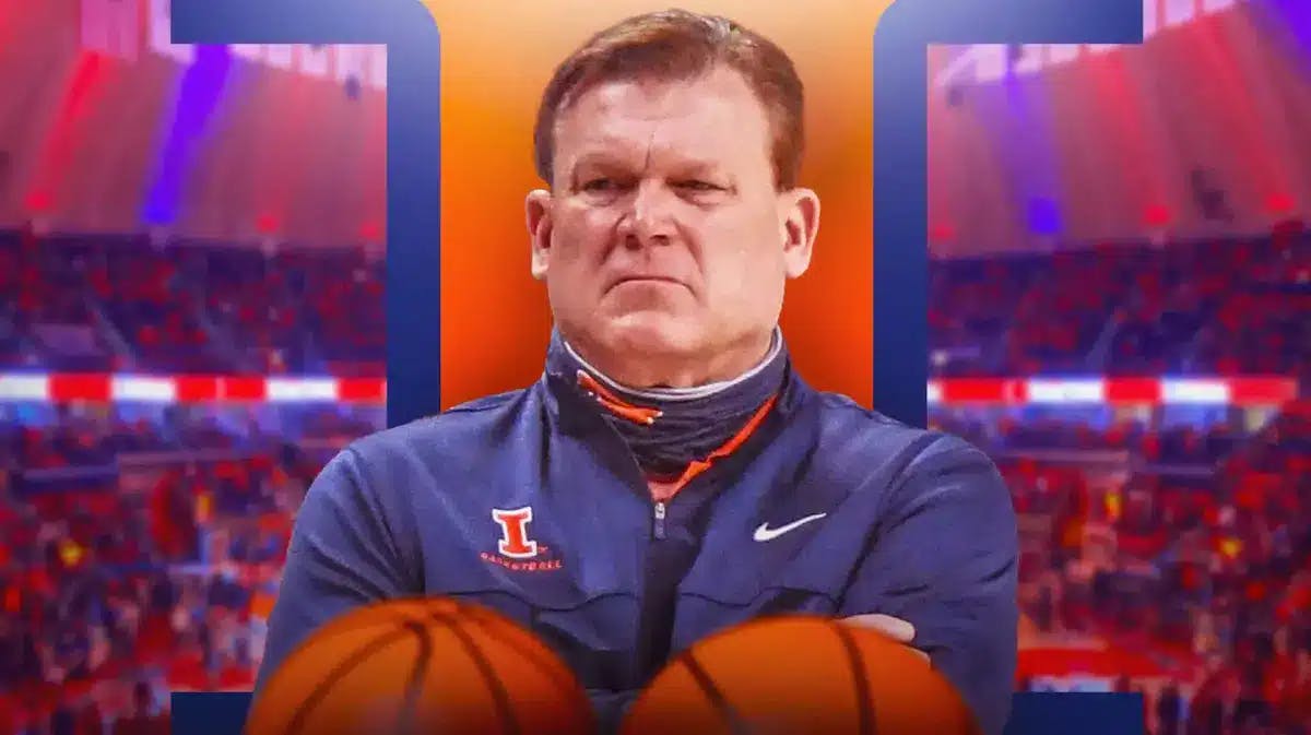 Illinois basketball head coach Brad Underwood in front of the State Farm Center.