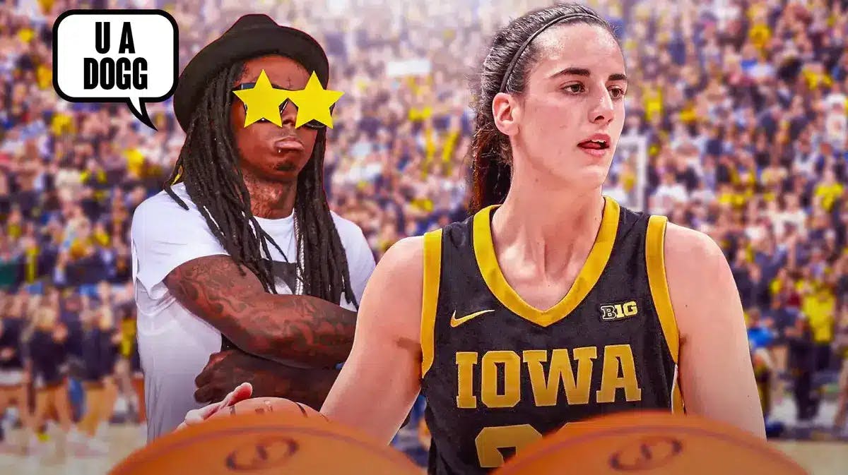 Rapper Lil Wayne and Iowa women’s basketball Caitlin Clark, with a text bubble over Lil Wayne saying “u a dogg” at Clark. Put star emojis in Lil Wayne’s eyes so it looks like he is “starstruck”