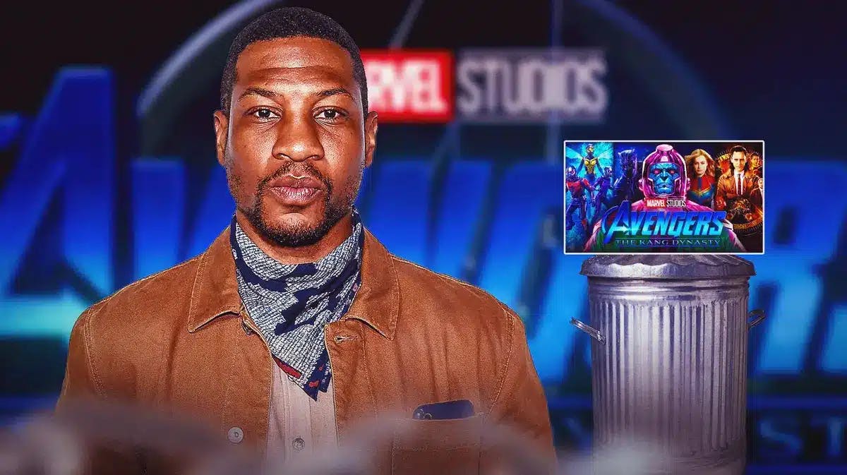 Jonathan Majors, alongside a poster for Avengers: The Kang Dynasty on top of a trash can