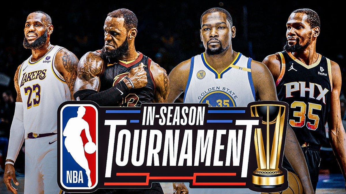 LeBron James (LA Lakers) and Kevin Durant (Suns) and NBA In-Season Tournament logo with Cavs, Warriors images