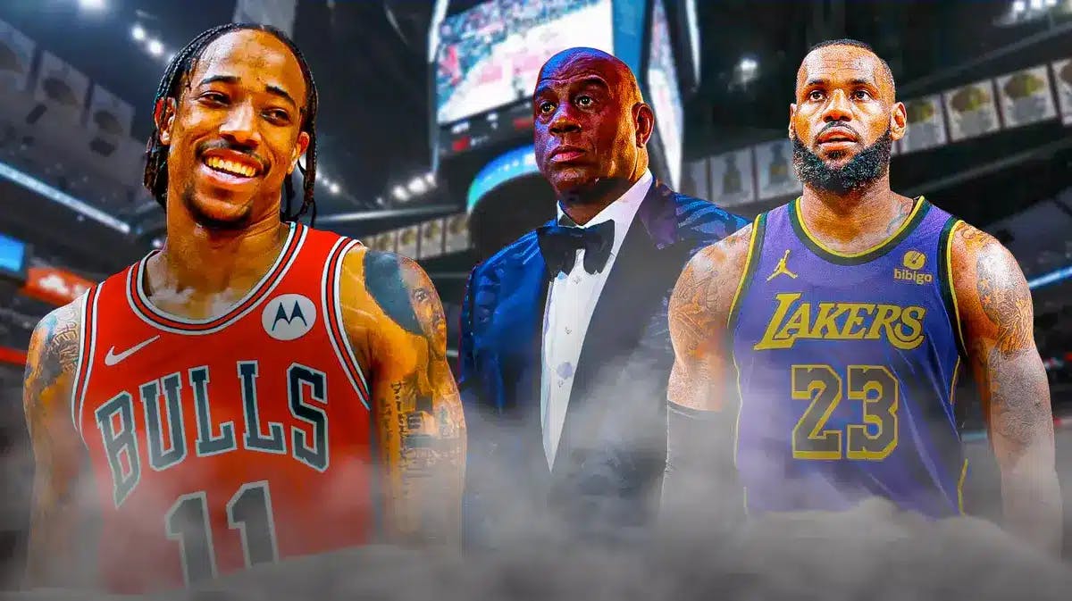 Lakers LeBron James and Magic Johnson with Bulls DeMar DeRozan