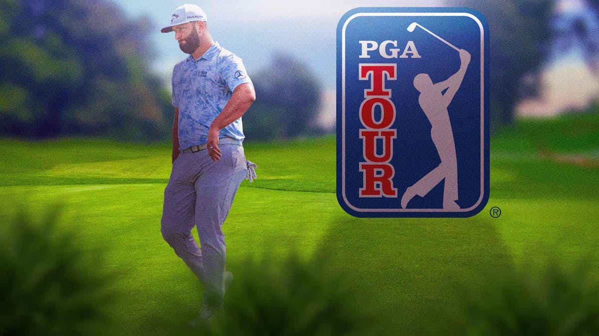 Jon Rahm walking away from the PGA Tour logo. Make it clear he’s headed in a different direction.