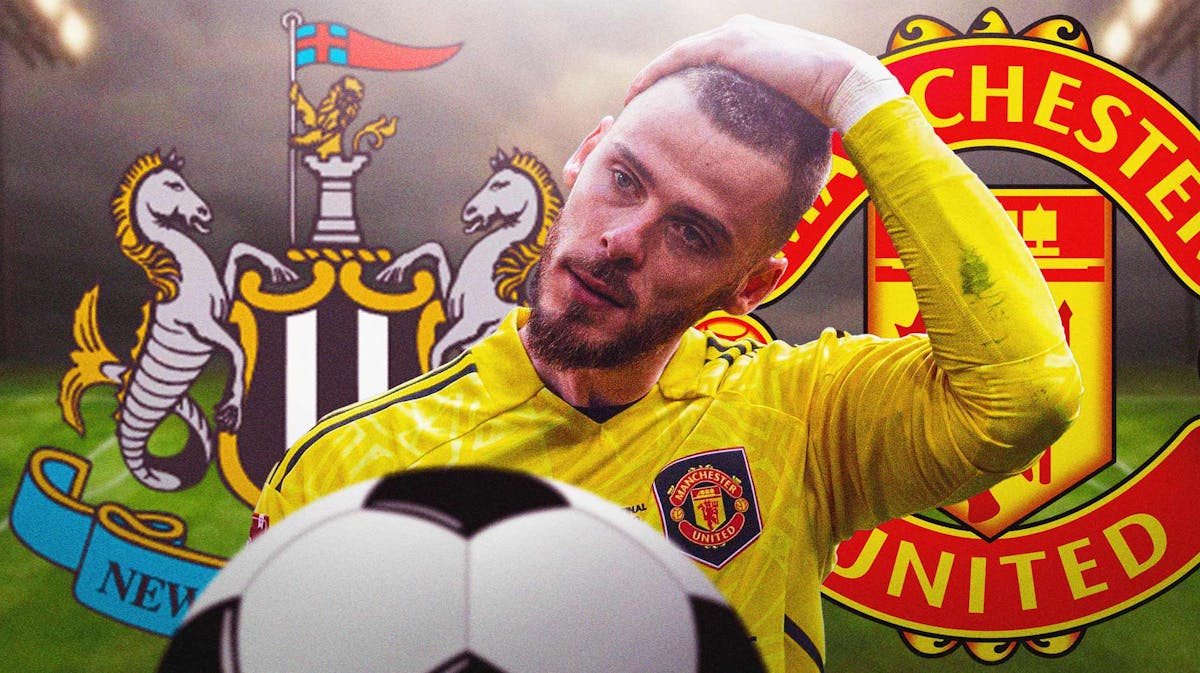 David de Gea in front of the Manchester United and Newcastle logos