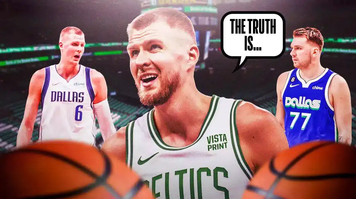 Celtics' Kristaps Porzingis in front saying the following: The truth is… Mavs' Kristaps Porzingis, Mavs' Luka Doncic in background.