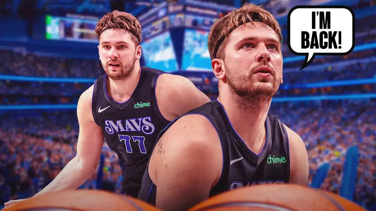 Luka Doncic with a speech bubble that says “I’m back!”