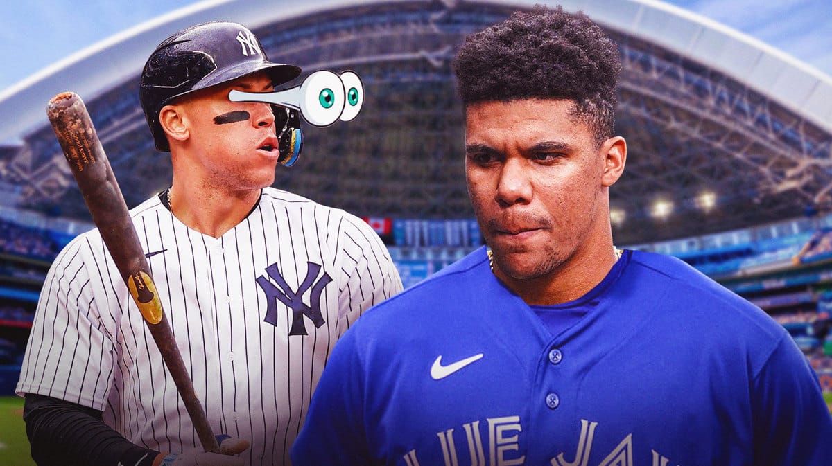 Juan Soto in a Blue Jays uniform. Yankees' Aaron Judge eyes popping out looking at Soto.
