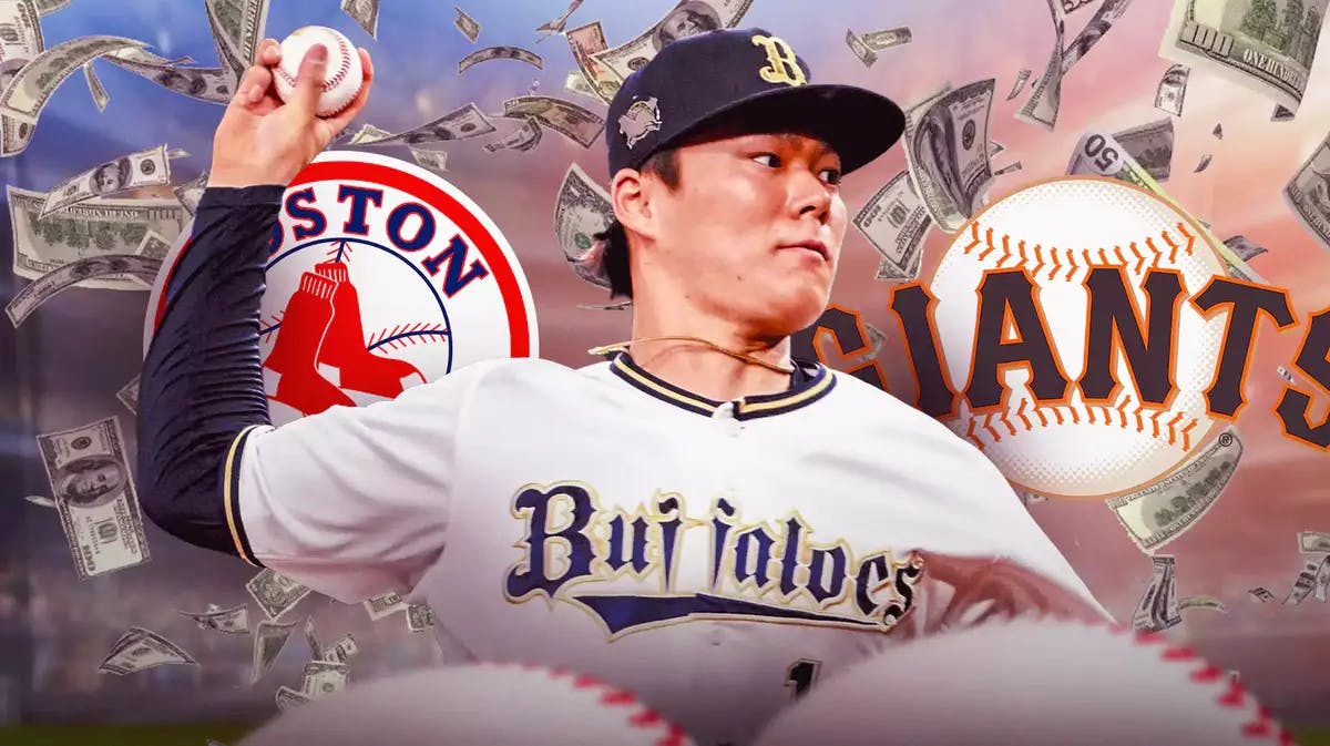 Yoshinobu Yamamoto surrounded by money and the Red Sox and Giants logos