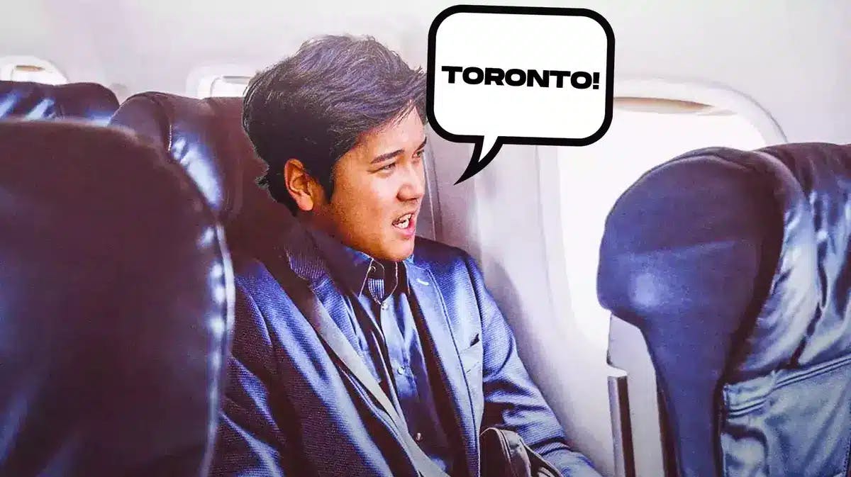 Shohei Ohtani (normal clothes) in an airplane. Have him saying the following: Toronto!