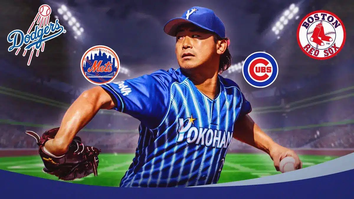 Baseball player Shota Imanaga with the Los Angeles Dodgers, Boston Red Sox, Chicago Cubs and New York Mets logos.