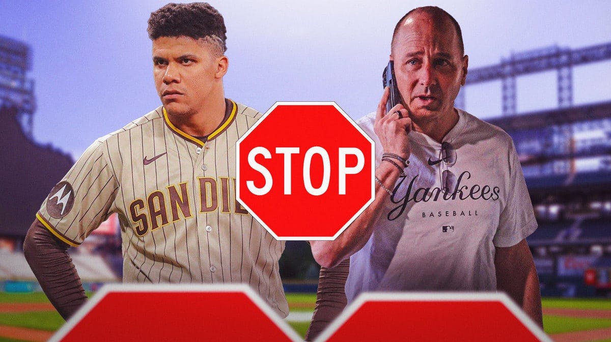 Padres' Juan Soto on left. Yankees' Brian Cashman on right. Stop sign in middle.