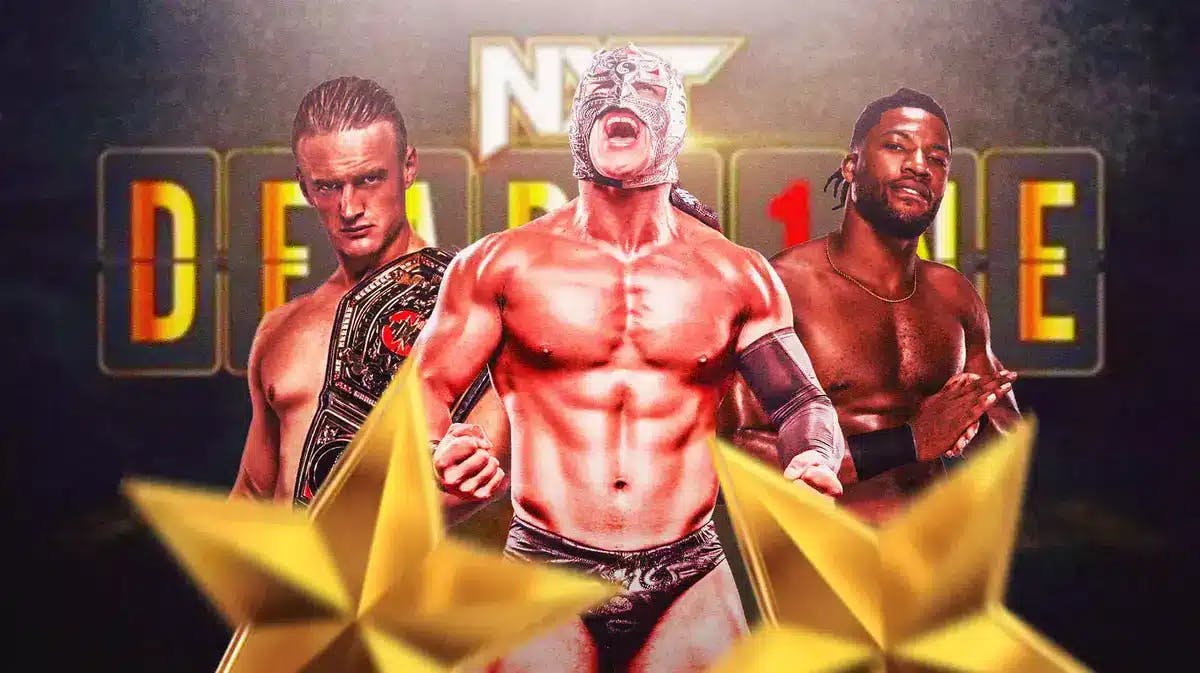 Dragon Lee, Ilja Dragunov, and Trick Williams with the 2023 NXT Deadl1ne logo as the background.
