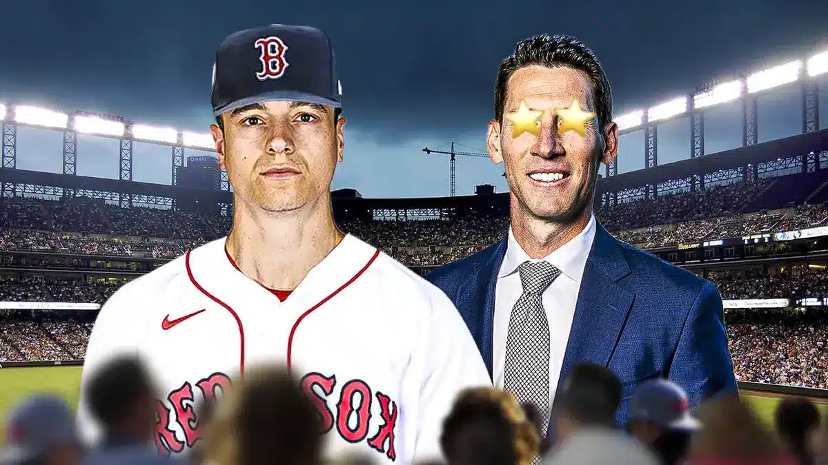 Tyler O’Neill in Red Sox uniform, Craig Breslow with stars in eyes, Fenway Park in background