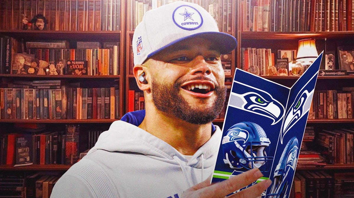 Thumb: Cowboys' Dak Prescott looking confident while reading a book. Book has Seahawks logo.