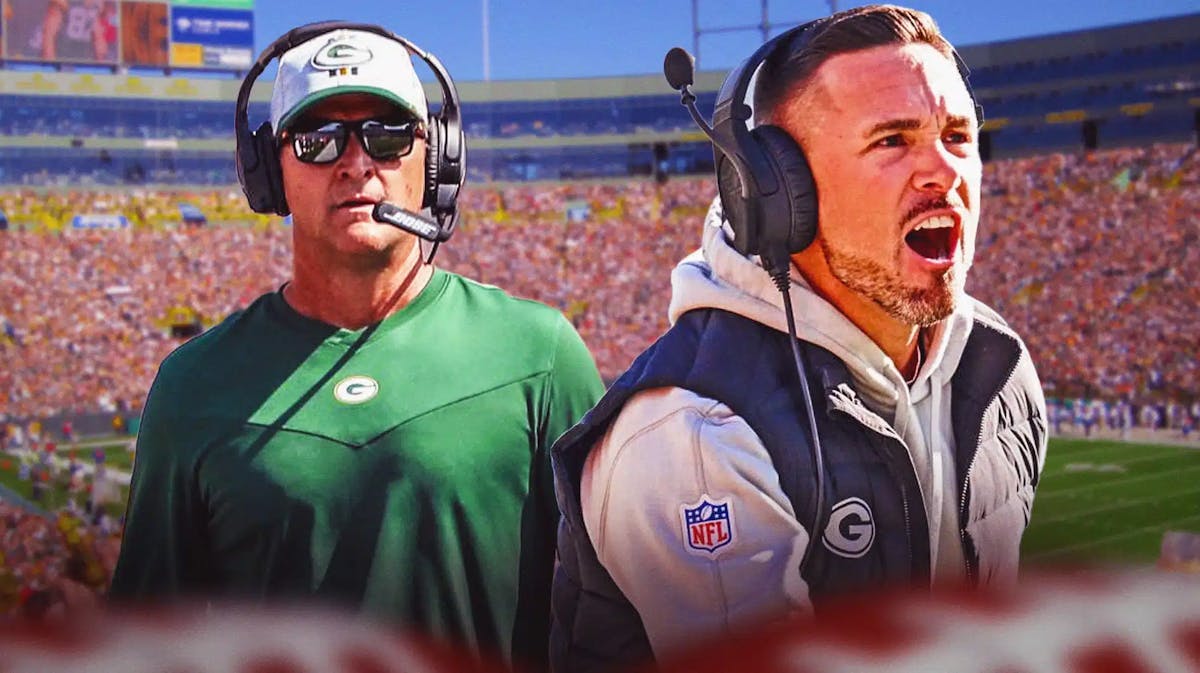 Packers coach Matt LaFleur looking angry, on the right, with Joe Barry on the left.