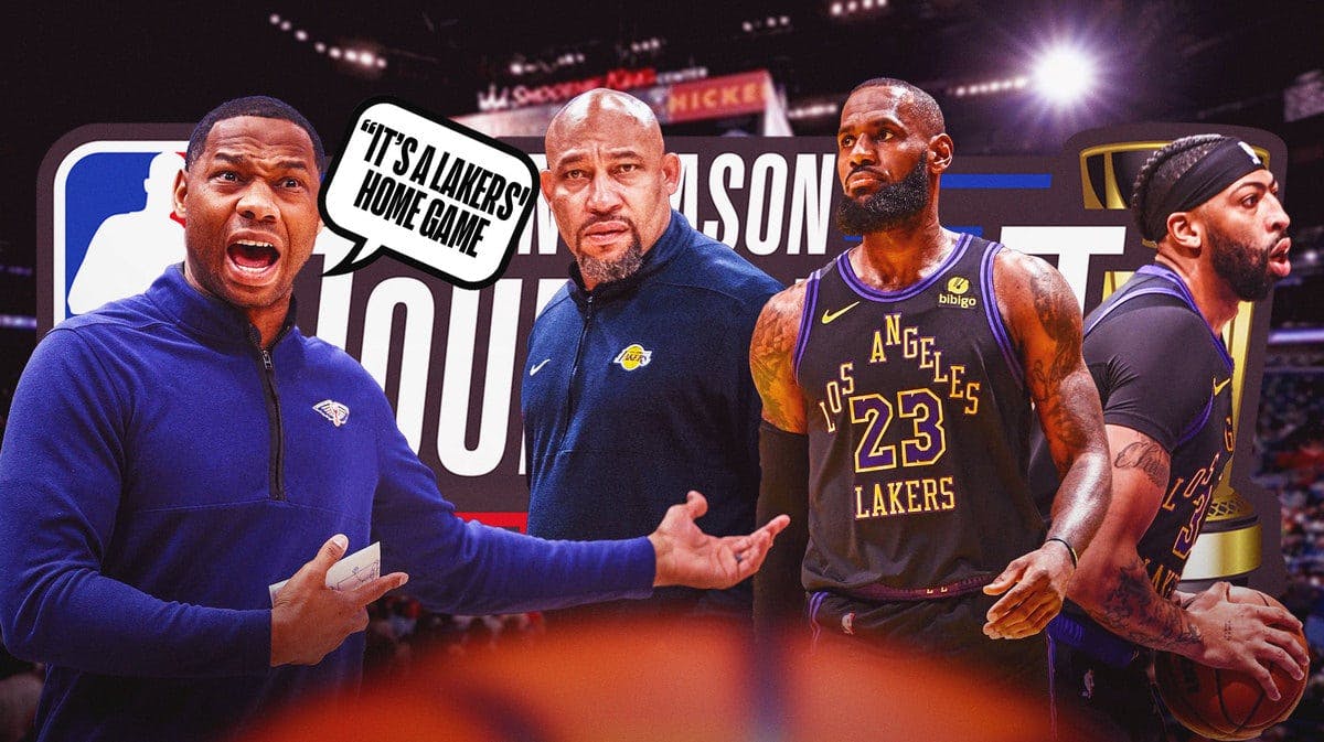 Pelicans' Willie Green saying "It's a Lakers' home game" next to Darvin Ham, LeBron James, and Anthony Davis with NBA in-Season Tournament background