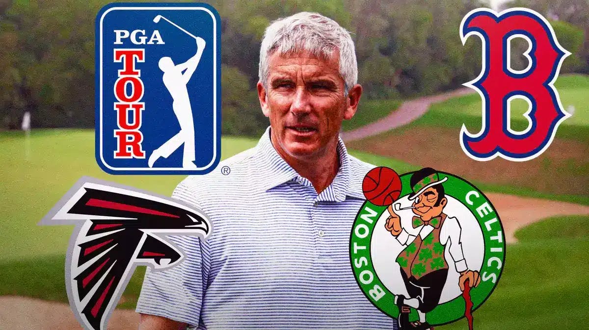 GA Tour commissioner Jay Monahan surround by logos of the PGA Tour, Boston Red Sox, Boston Celtics, and Atlanta Falcons